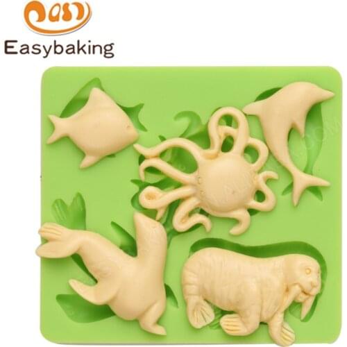 Marine Animals Series Dolphin Octopus Sea Lion Walrus Fondant Chocolate Mould Square Silicone Mold for Cake Decorating