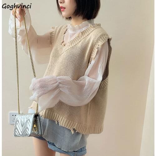 Sweater Vest Women Pure Color Ripped Design Minimalist Ladies College All-match Basic Cozy Spring Tender Leisure Fashion Newly