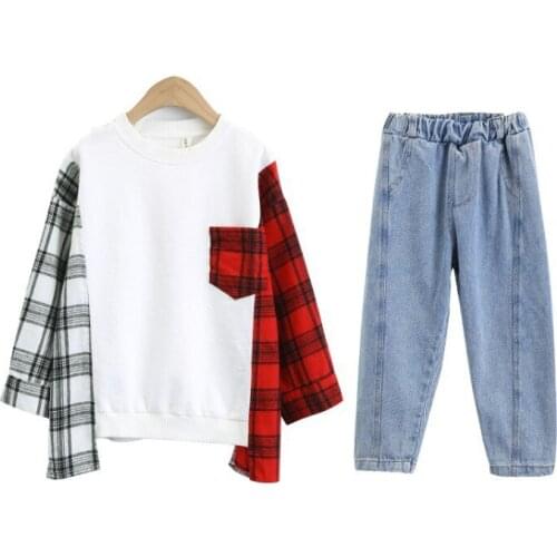 Children Clothing for Girls Autumn Fashion Plaid Patchwork Sweatshirt +Denim Pants Casual 2Pcs Teens Girls Clothes Sport Suits