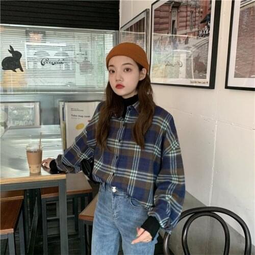 Female Korean Harajuku Cute Casual Plaid Lapel Shirt Womens Shirts Ulzzang Japanese Kawaii Ladies Vintage Clothes For Women