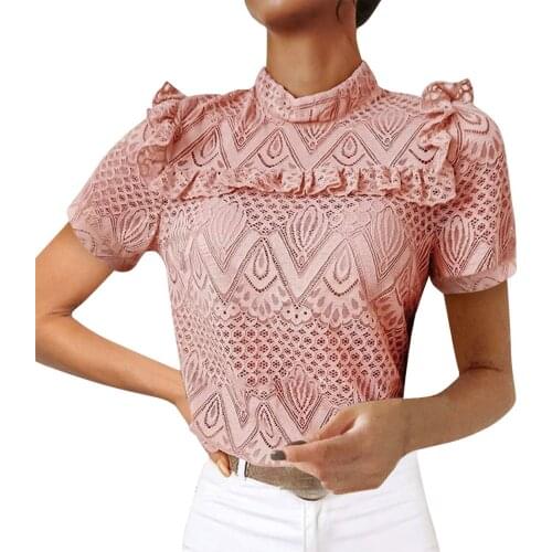 Womens Summer Casual Short Sleeve Hollow Out T-shirt Fashion Solid Color Lace Flounce Pullover Tops