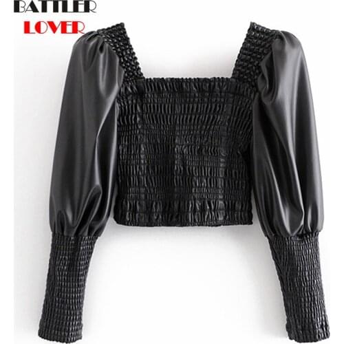 Women Stretch Leather Trend Jacket Lady Spring Sexy Vintage Chic Jackets for Female Square Collar Elastic Tops Luxury Designer
