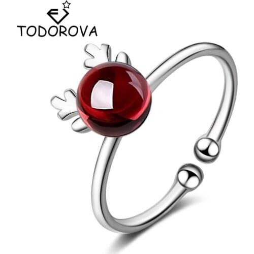Todorova Adjustable Women Rings Round Garnet Rings Elk Antlers Finger Rings Gifts for Girls Jewelry Female Christmas Gift