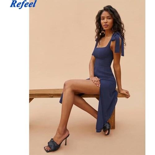 Vintage Chiffon Tank Girl Dresses Navy Print Vestidos Elegant Adjustable Spaghetti Strap Women Split Summer Dress