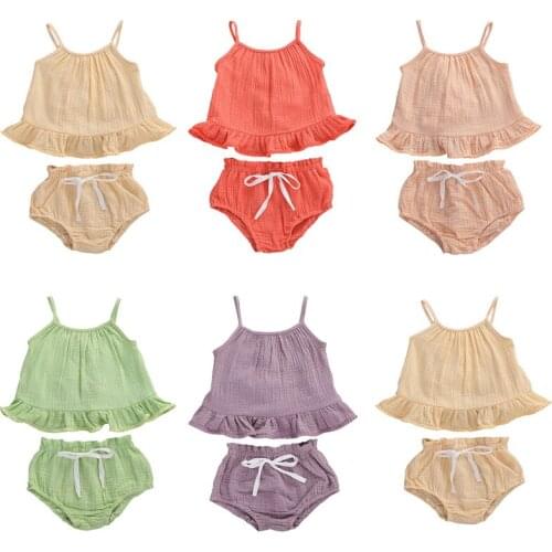 2020 Baby Summer Clothes Newborn Baby Girls Cotton Linen Sleeveless Ruffles T-shirts Tops Shorts Toddler Infant Casual Clothes