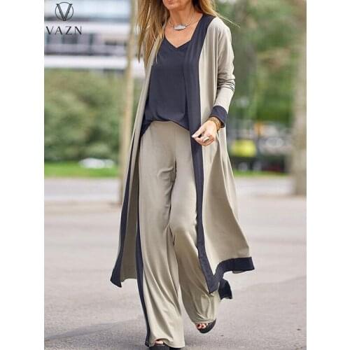 VAZN 2021 fashion women new street casual style sets v-neck top elastic long pants long outwear pure color three piece sets
