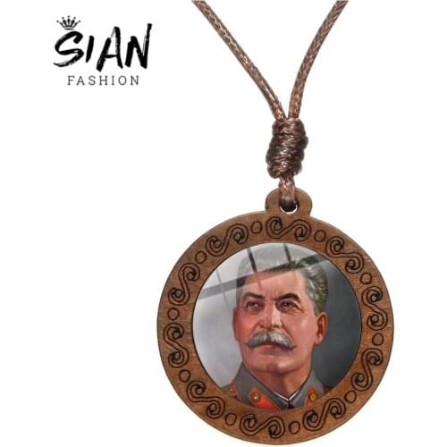 SIAN Classical Soviet Hero Stalin Glass Wooden Necklace Retro CCCP Sickle Hammer Russian Emblem Communist Symbol USSR Necklaces