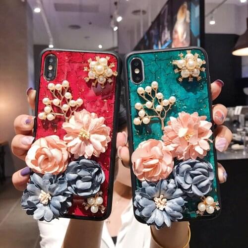 Fashion Handmade Crystal Pearl Diamond Floral Cloth Flowers Bling Glitter Case Cover For iPhone 11 Pro XS Max XR X 8 7 6 6S Plus