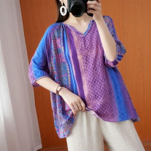 Oversized Women Cotton Linen Casual T-shirts New Arrival 2021 Summer Vintage Style V-neck Print Loose Female Tops Tees S3577