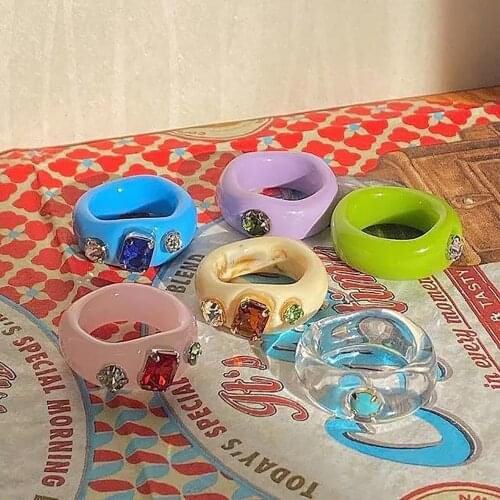 Ins Aesthetic Colorful Transparent Resin Acrylic Crystal Korean Geometric Irregular Square Rings for Women Trendy Jewelry