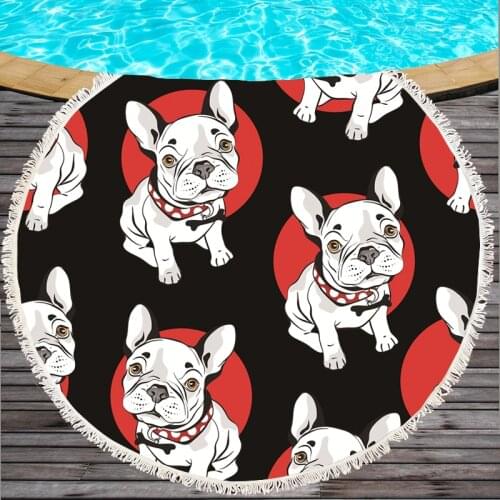 Bulldog Round Beach Towel Pupp Printed Beach Towel Serviette De Plage Cartoon Large Towel Microfiber 150cm Bath Toalla For Kids