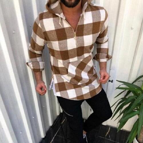 2021 Autumn Men Fashion Plaid Printing Loose Hoodie Shirts Casual Long Sleeve Hooded Pullover Mens Zip-up Shirt Tops Streetwear