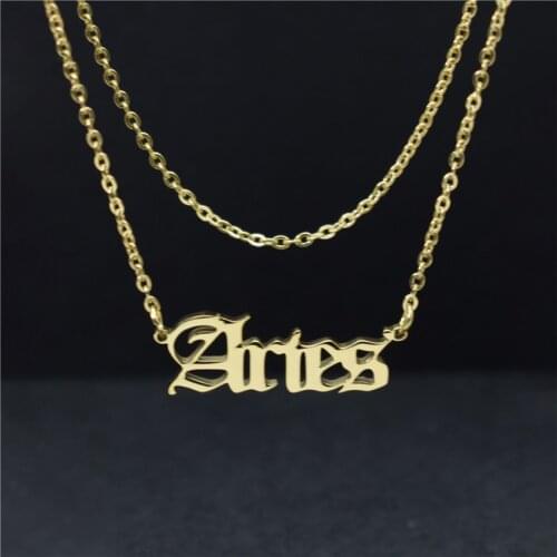 Old English Aries Necklace Pendants Gold Choker Chain Stainless Steel Gothic Charms Astrological Zodiac Jewelry Bijoux Femme