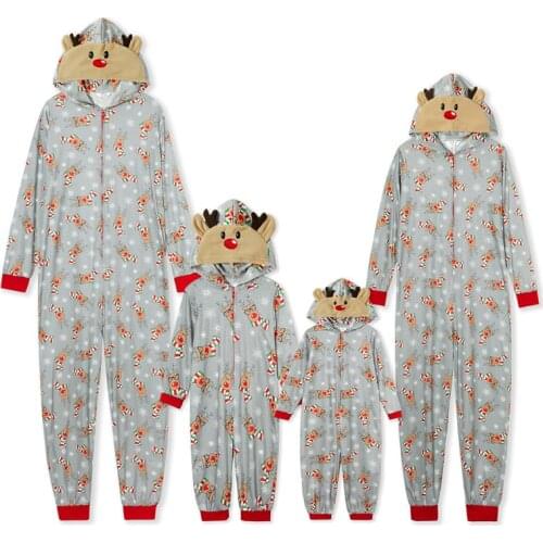 Christmas Family Matching Clothes Loungewear Elk Print Long Sleeve Jumpsuit with Zipper Mommy And Me Clothes Sleepwear Homewear