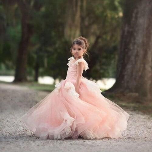 Pink Puffy Flower Girl Dresses for Wedding Layered Tulle Lace appliques Kids Pageant Party Birthday Gown for girls