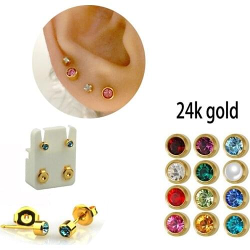 1Pair Gold Color Zircon Pearl Ear Piercing Earrings Set Hypoallergenic Mini 3mm CZ Studs Jewelry