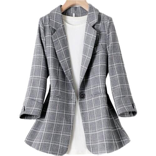 Spring Summer Plaid Suit Jacket Thin Korean Women Blazer Slim 3/4 Sleeve Short Outerwear Plus Size Professional Womens Clothing