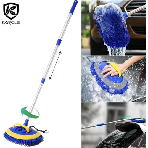 Car Cleaning Brush Mop Telescoping Long Handle 2-1 Car Wash Mop Thick Chenille Microfiber Broom Auto Cleaning Detailing Tools