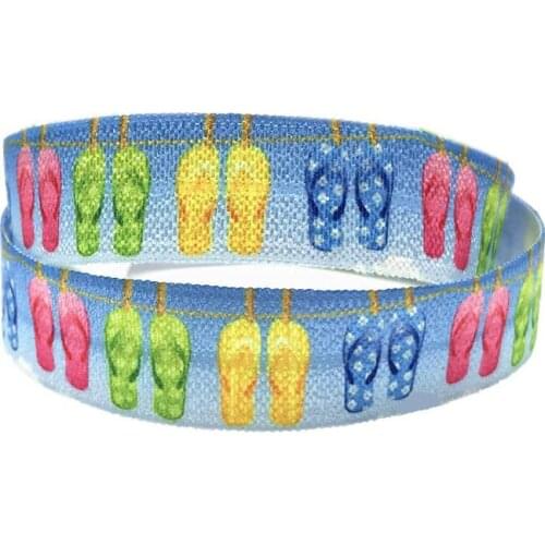 16mm 10 Yards Flip Flops Print Fold Over Elastic Ribbon Summer Colorful Slipper FOE Headband Diy Party Decoration Wholesale
