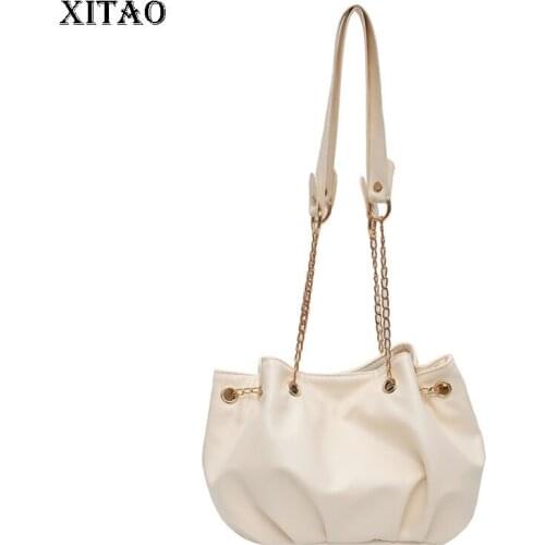XITAO Chain Cloud Bag New Texture Female Bag with Folds Magnetic Buckle Bucket Shape Solid Color Minority Loose Bag WMD3659