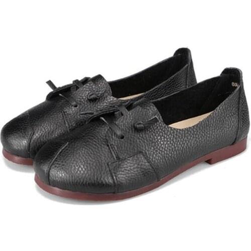 Genuine Leather Shoes Woman Spring Ladies Shoes Ballet Flats Lace Up Round Toe soft Retro Comfortable drive Casual shoes woman