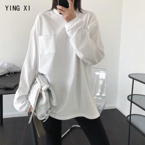 YING XI 2020 New Spring O-neck Long Sleeve Loose Casual Solid Pocket MD-Long Style Women T-shirt Top