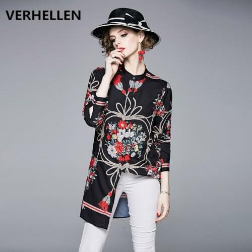 VERHELLEN High Quality Fashion Runway Shirts 2019 Autumn Womens Long Sleeve Flower Print Drawstring Vintage Casual Long Blouse