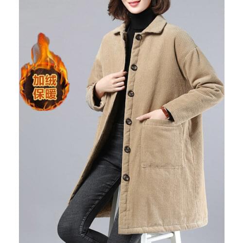 Large Size Winter Jacket Women Plus Velvet Thicked Corduroy Coat Loose Padded Parkas Female Cardigan Coat Wadded Clothing W2255