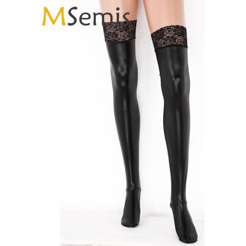 Thigh High Socks Women Wetlook Patent Leather Stockings Pole Dance Latex Long Socks Nightclub Rave Stay Up Lace Floral Stockings