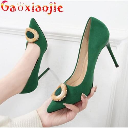 Gaoxiaojie Pointed Toe Flock Women Pumps Fashion Round Decorative Button Office Stiletto 9.5CM High Heels Wedding Party Shoes