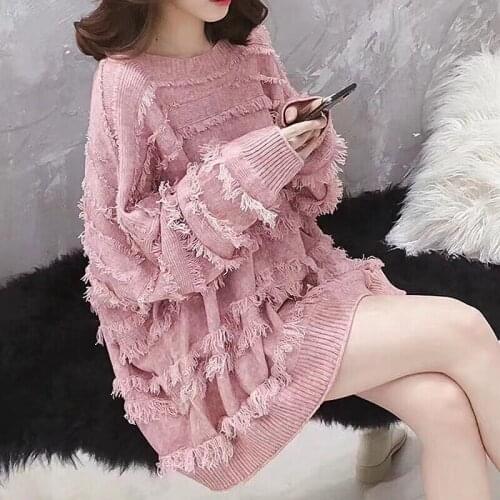 Mid-Length Sweater Women 2020 Autumn Winter Fashion New Tassel Round Neck Casual Lazy Loose Knit Sweater Trend 115