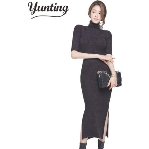 Turtleneck Women Long Knit Dress Autumn Winter Dress Knitted Christmas Dresses