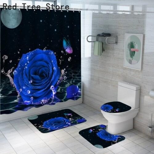 1/3/4Pcs Blue Rose Butterfly Shower Curtain Hooks Set Non-Slip Rugs Toilet Lid Cover and Bath Mat Waterproof Bathroom Curtains