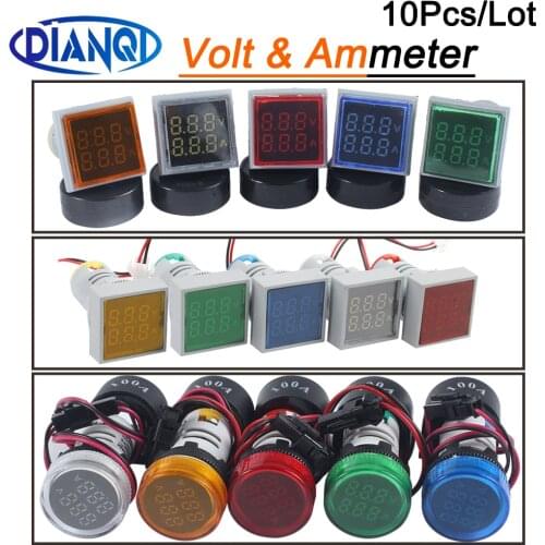 10pcs Mini 22mm Round AC60-500V 0-100A Square LED Digital Volt Ammeter Voltage Current Meter Gauge Voltammeter Car Motorcycle