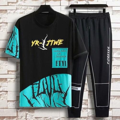 2021 Tracksuit Men Sets Summer New Casual Mens Set Student 2 Pieces Boys Suit Sportswear T-shirt +Pants Patchwork Joggers Sets