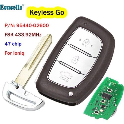 3 Button FSK 433.92MHz Keyless-Go Remote Key Fob with 47 Chip for Hyundai IONIQ 2019 PN: 95440-G2600 HYN14 Uncut Blade