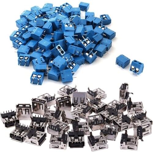 30Pcs 15Mm USB 2.0 Female Type A Port 4-Pin DIP Jack Socket With 100Pcs 2P Plug-In Screw Terminal Block Connector