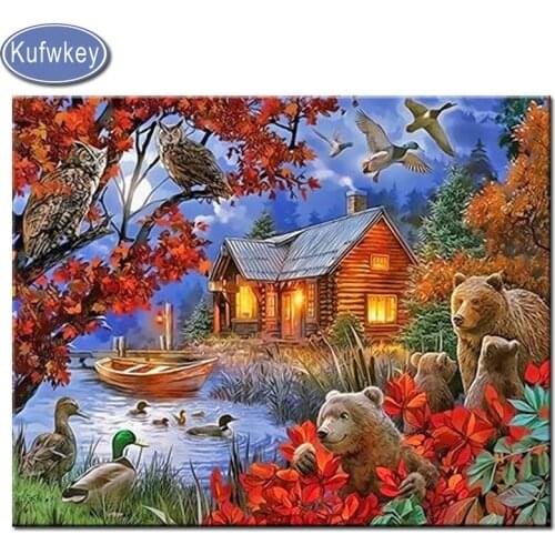 5d diy diamond painting family of bears and ducks at the forest house" square embroidery rhinestone 3d diamond mosaic animal art