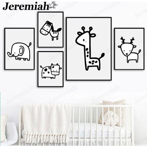 Abstract Black and White Animal Canvas Painting Simple Pen Cow Giraffe Elephant Poster Wall Art Nordic Kids Room Home Decoration