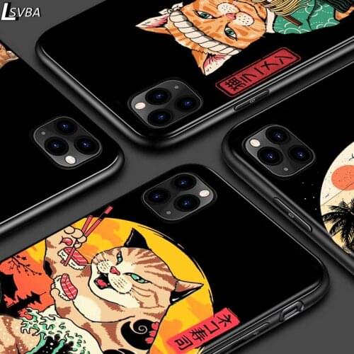 Cartoon Cat Japanese Waves For iPhone 12 Pro Max Mini 11 Pro XS Max X XR 6S 6 7 8 Plus 5S Bright Black Phone Case