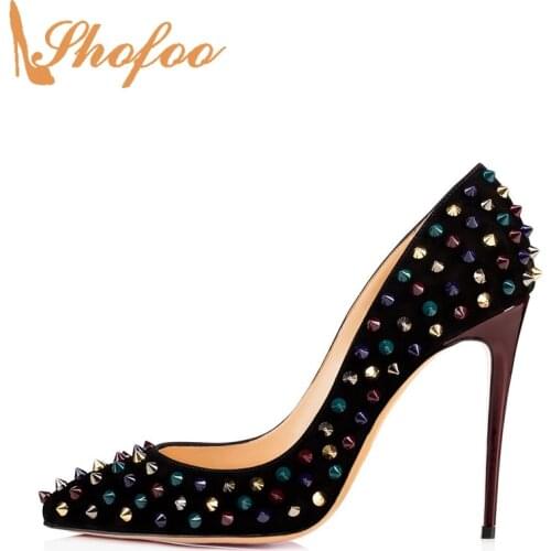 Black Stilettos High Thin Heels Pumps Large Size 45 46 Woman Rivet Pointed Toe Ladies Female Dance Evening Footwear Shoes Shofoo