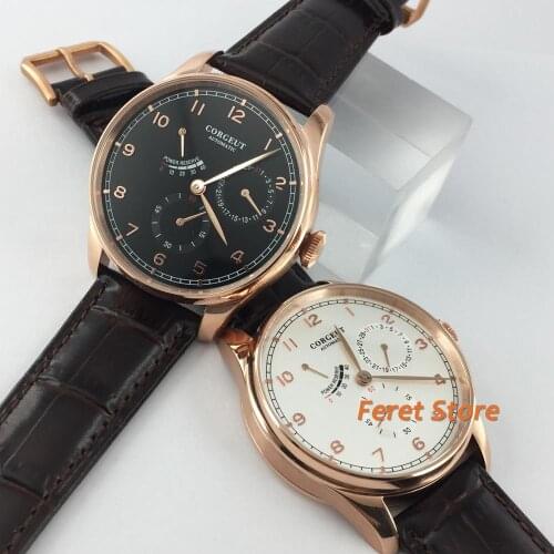 Corgeut new 42mm rose gold case sapphire glass black dial date waterproof seagull movement mens top leisure watch