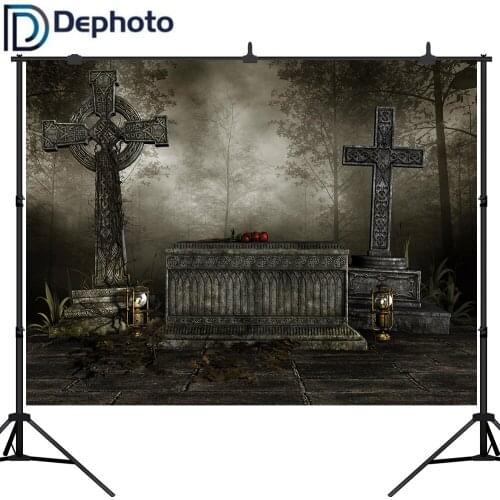 Dephoto Halloween Photo Backdrop Night Cemetery Graveyard Cross Red Rose Photography Background Photoshoot Photo Studio