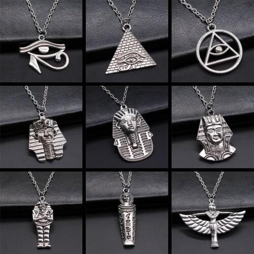 Egyptian Pyramid Pharaoh The Eye Of Horus Ankh Cross Pendant Necklaces For Women Men Jewelry Antique Silver Color African Gift