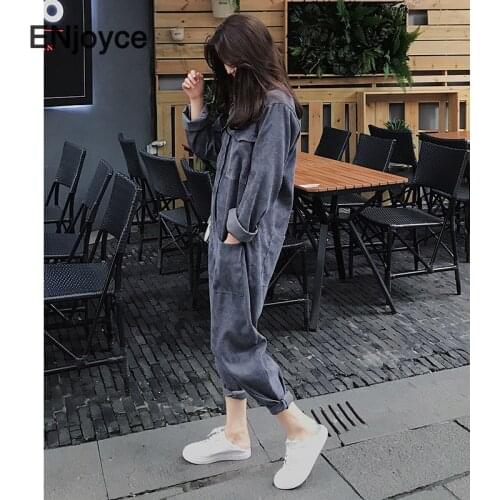 Fashion Grey Women High Street Jumpsuits Spring Fall Pockets Ladies Playsuit Handsome Loose Jumpsuits Overalls Playsuit