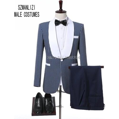 2018 Blue Formal Party Men Suits White Shawl Lapel One Button Custom Made Groom Wedding Groomsmen Tuxedos (Jacket + Pants+Bow)