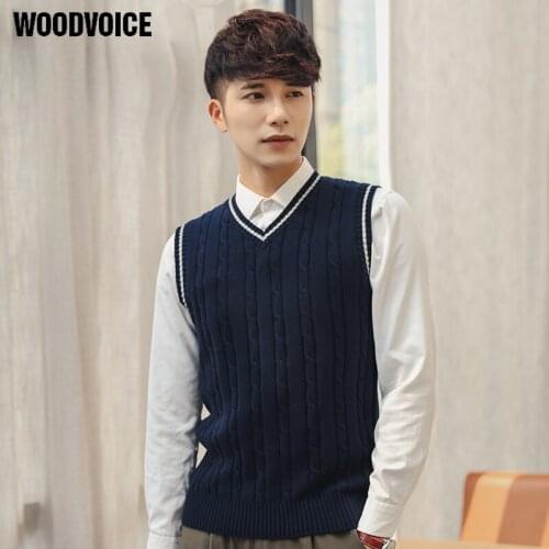 Woodvoice Mens Brand Mens' Pullover Sweater Vest V-Neck New Sweater 100% Cotton Knitted Slim Fit Class Vest Pullovers Sweaters