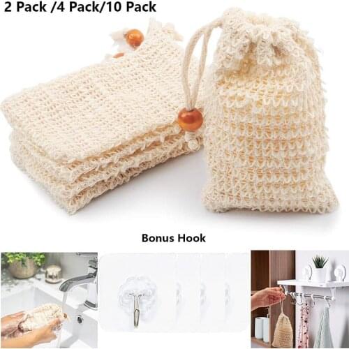 Exfoliating Mesh Bags Pouch Soap Saver for Massaging Scrubbing Natural Organic Soap Bag Sisal Loofah Net Bags & BONUS Wall Hooks