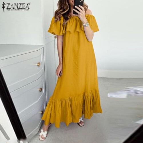 Bohemian Women Dress ZANZEA 2021 Summer Off Shoulder Ruffle Maxi Vestidos Casual Solid Sundress Ladies Loose Robe