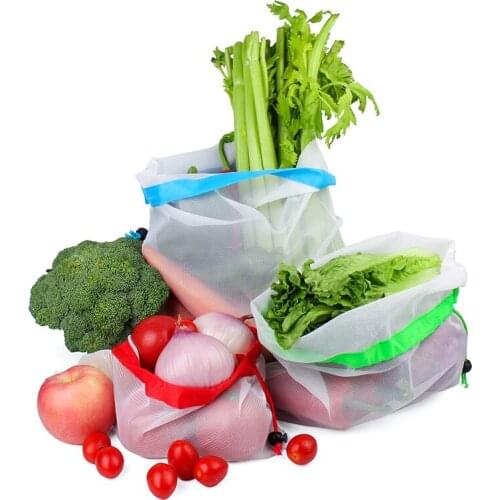 6Pcs/lot Supper Market Fruit Net Bag Mesh Reusable Produce Bags Vegetable Fruit Storage Bags Drawstring Bags Can Customized
